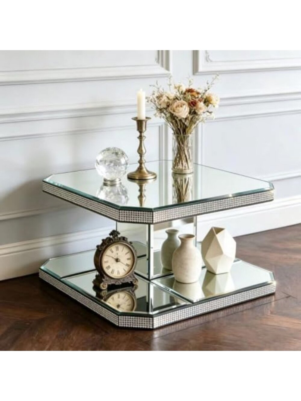 Two-Tier Mirrored Display Riser with Rhinestone Trim - Decorative Glass Stand - Picture 5 of 7